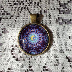 Dark Multicolored Flowers & Moon Handmade Pendant